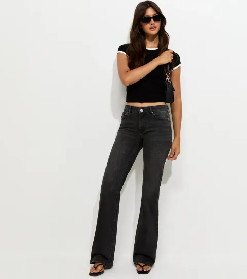 Women's Washed Black Button Pocket Low Rise Flared Jeans
