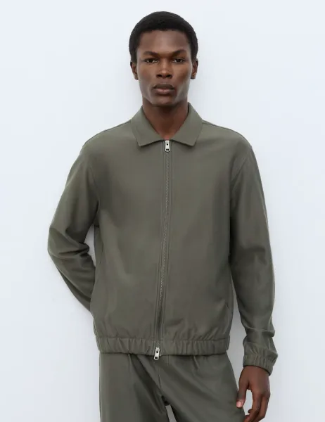 Autograph Pure Cotton Twill Zip Through Overshirt Medium Khaki