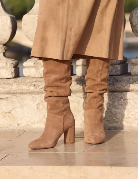 SOSANDAR Suede Ruched Block Heel Knee High Boots