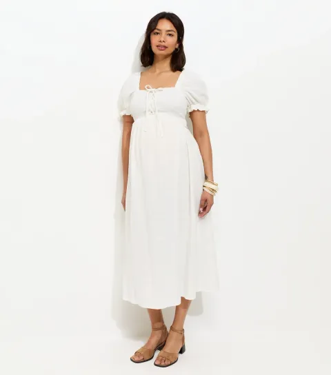 Women's Maternity White Tie Front Shirred Midi Dress