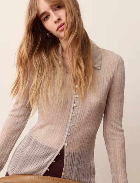 Per Una Shimmer Knitted Long Sleeve Shirt Sandstone