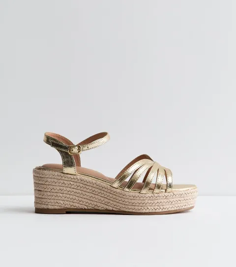 Women's Wide Fit Gold Cage Strap Wedge Sandals Vegan