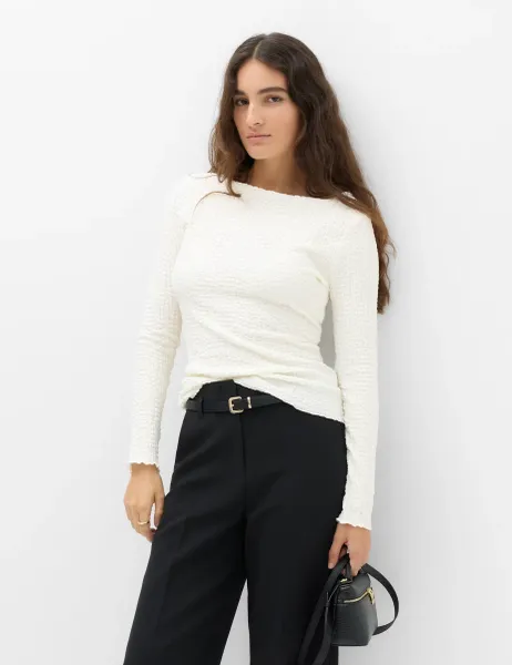 Marks & Spencer Slash Neck Textured Long Sleeve Top Light Cream