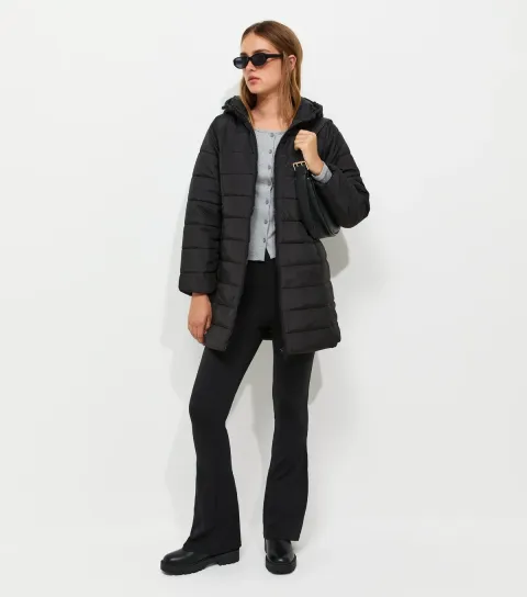 Women's Black Hooded Midi Puffer Jacket
