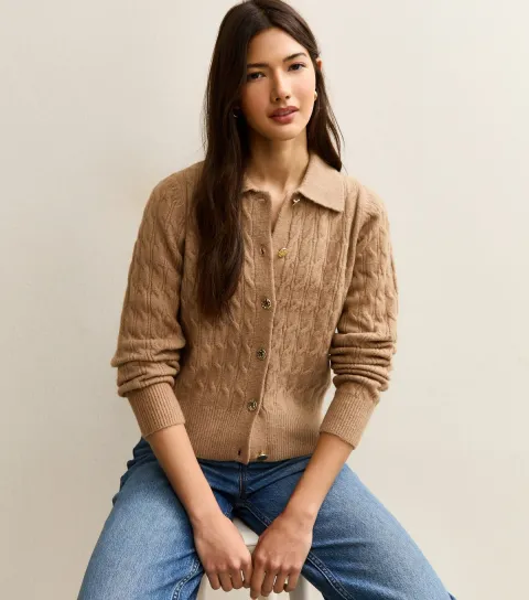 Women's Camel Cable Knit Collared Cardigan