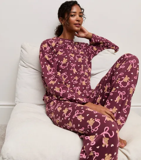 New Look Women's Red Cotton Bow Bear Print Long Sleeve Pyjama Set