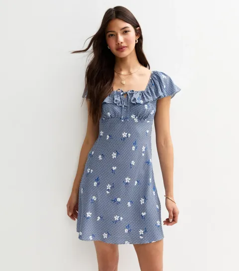Women's Blue Gingham Floral Print Mini Ruffle Dress