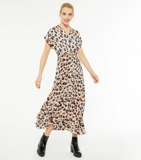 Women's Off White Pleated Satin Leopard Belted Midi Dress