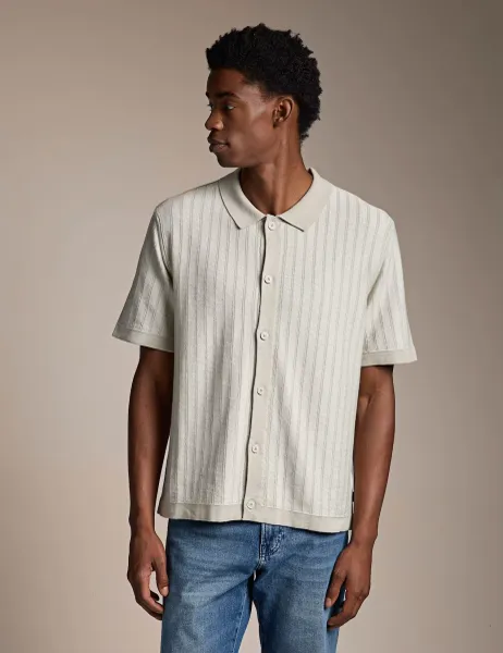 Boss Pure Cotton Striped Knitted Polo Shirt Beige