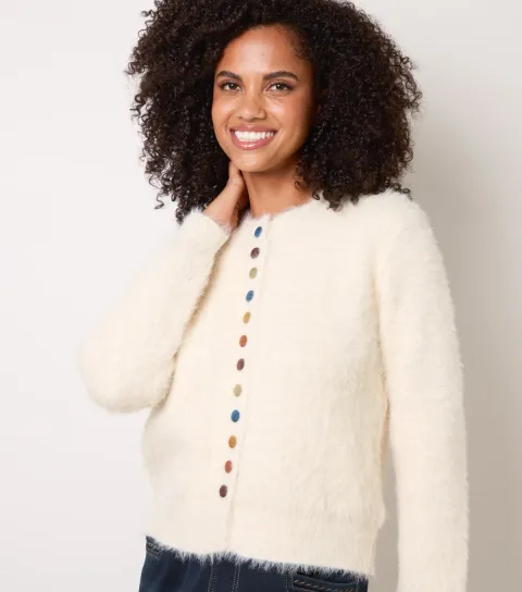 Blue Vanilla Women's Cream Fluffy Knitted Multi Coloured Button Cardigan