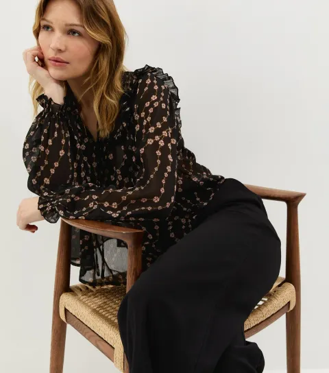 Women's Black Semi Sheer Floral Print Ruffle Bib Blouse