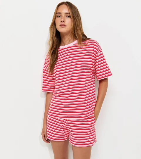 Women's Pink Cotton Striped Boxy Crew Neck T-Shirt