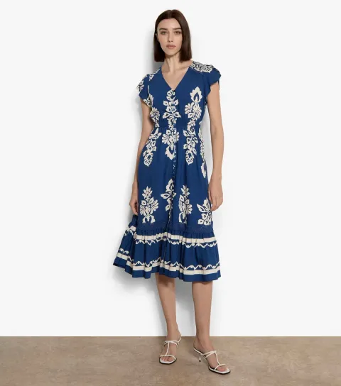 Women's Blue Button Front Midi Dress