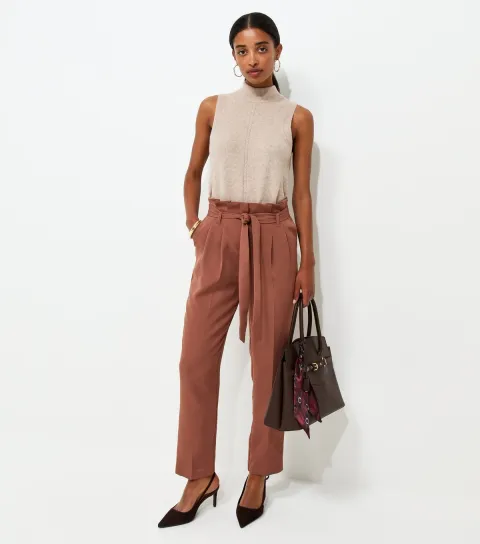 Women's Dark Brown Paperbag Waist Tie Front Trousers