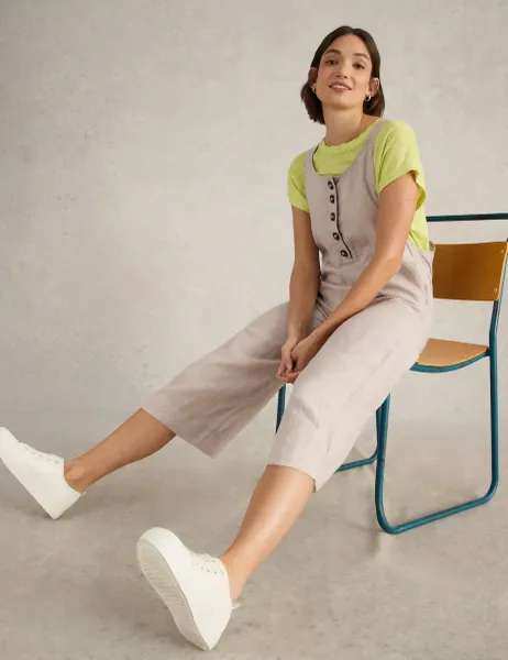 White Stuff Pure Linen Cropped Dungarees Natural