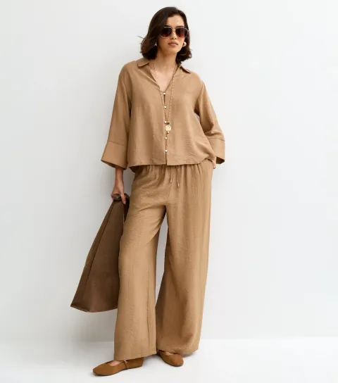 New Look Women's Camel Crinkle Wide Leg Trousers