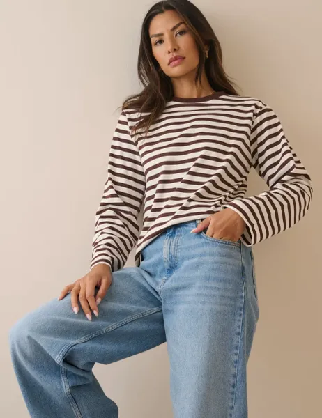 Nobody's Child Pure Cotton Striped Relaxed Top Brown