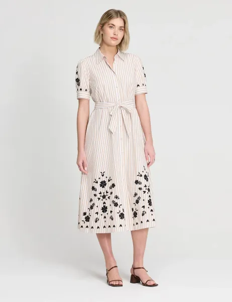 Finery London Pure Cotton Striped Midi Shirt Dress Natural Mix