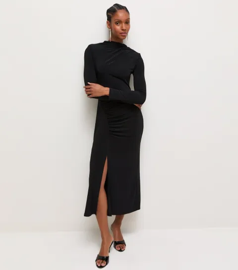 Women's Black Ruched High Neck Midi Dress