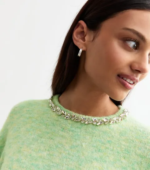 Women's Green Gem Embellished Jumper
