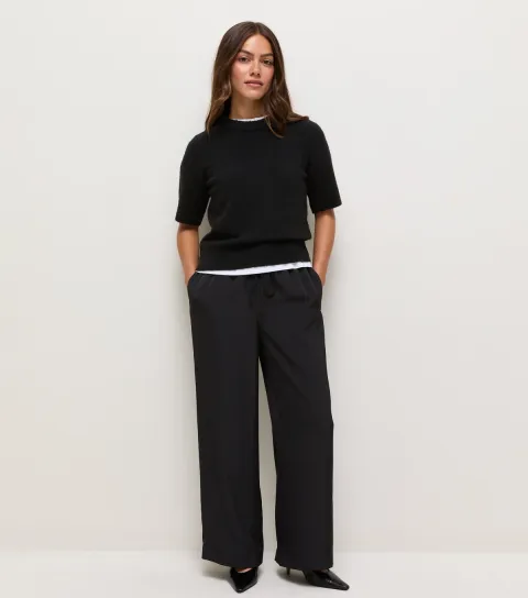 New Look Women's Petite Black Satin Wide Leg Trousers