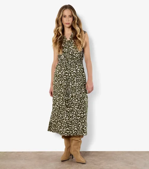 Women's Dark Khaki Animal Print Zip Midi Dress