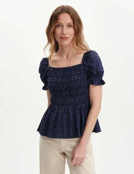 Finery London Cotton Blend Seersucker Gingham Shirred Top Navy