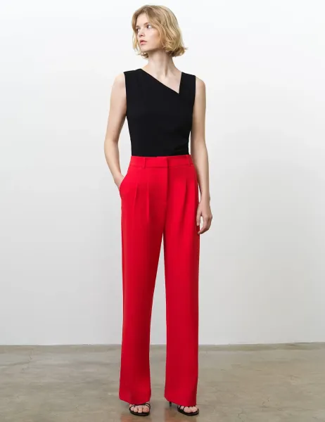 French Connection Pleat Front Wide Leg Trousers Red