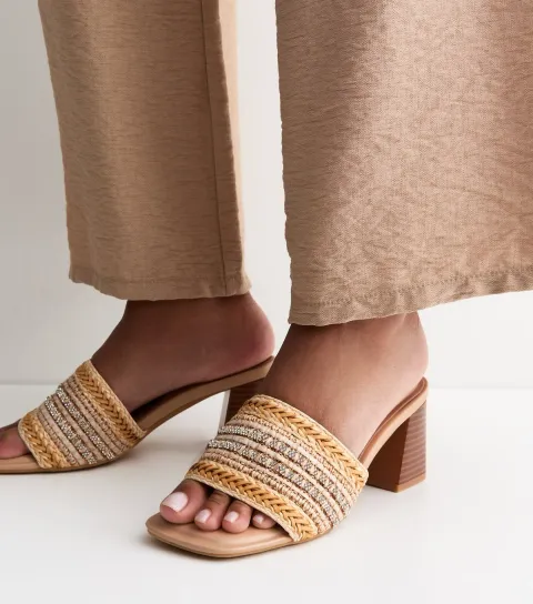 Women's Off White Embellished Raffia Strap Block Heel Mules Vegan