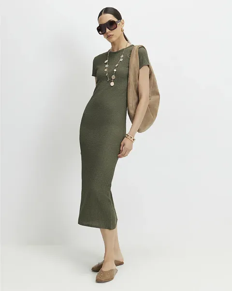 River Island Short Sleeve Textured Midi Dress