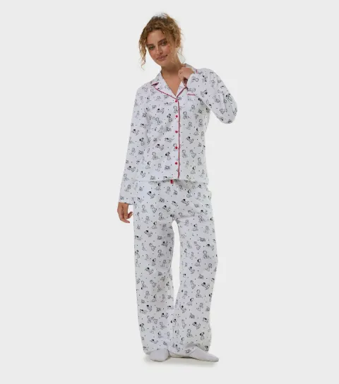 Skinnydip Women's White Cotton Dalmatians Print Shirt and Trousers Pyjama Set With Scrunchie