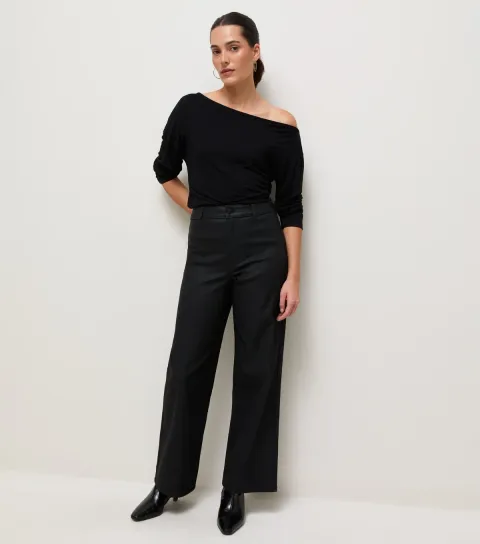 New Look Women's Black Coated High Waist Stretch Wide Leg Jeans