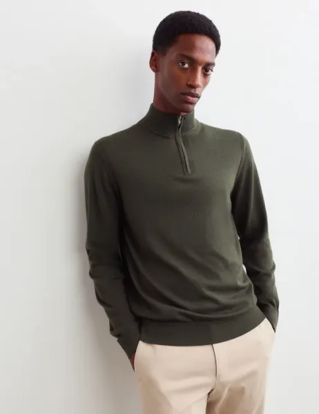 Jaeger Merino Wool with Silk Half Zip Jumper Dark Khaki