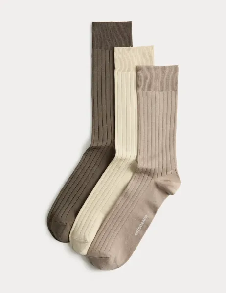 Autograph 3 Pack Egyptian Cotton Rich Ribbed Socks Brown Mix