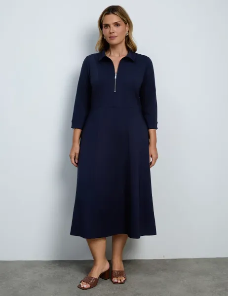 Live Unlimited London Jersey Zip Neck Midi Skater Dress Navy