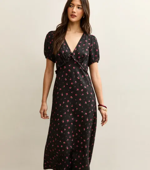 Women's Black Floral Print V-Neck Midi Dress