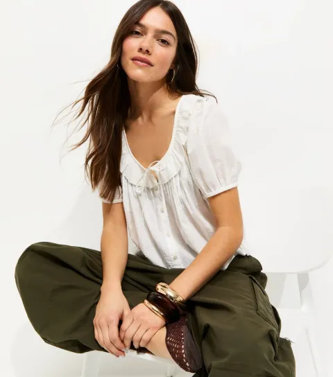Women's Petite White Scoop Tie Neck Blouse