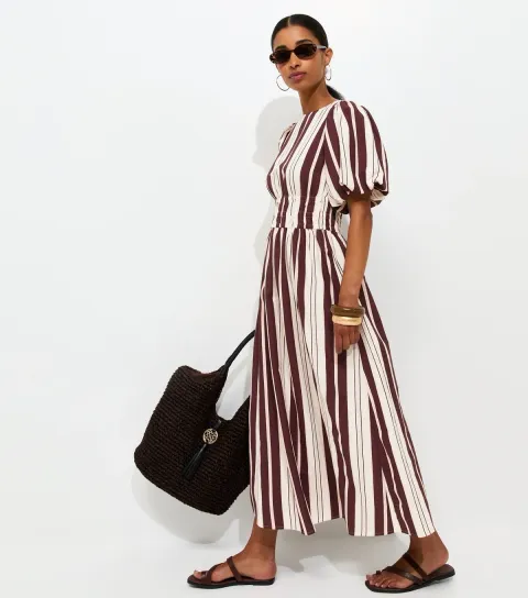 Women's Cream With Cotton Striped Shirred Waist Puff Sleeve Midi Dress