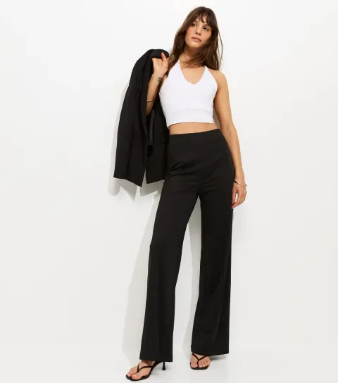 Women's Tall Black Jersey Wide Leg Trousers