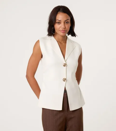 Women's Off White Knit Collared Waistcoat