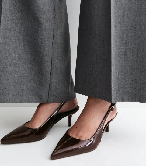 Women's Wide Fit Dark Brown Patent Faux Leather Slingback Pumps Vegan