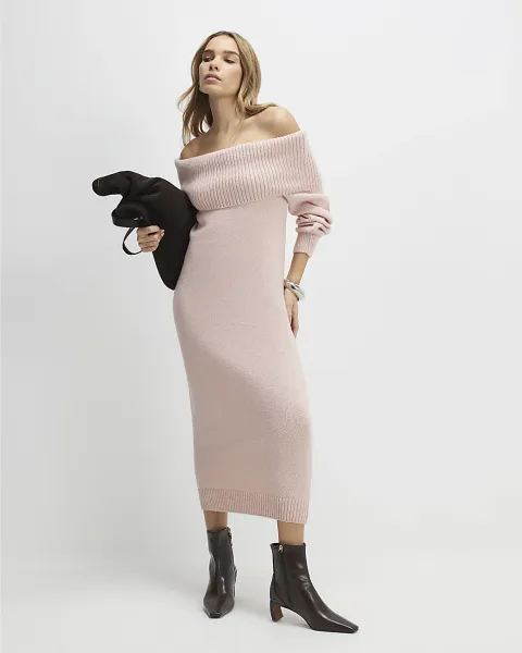 River Island Knitted Long Sleeve Bardot Midi Dress