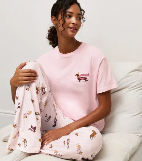 New Look Women's Pink Cotton Sausage Dog Pyjama Trousers Set