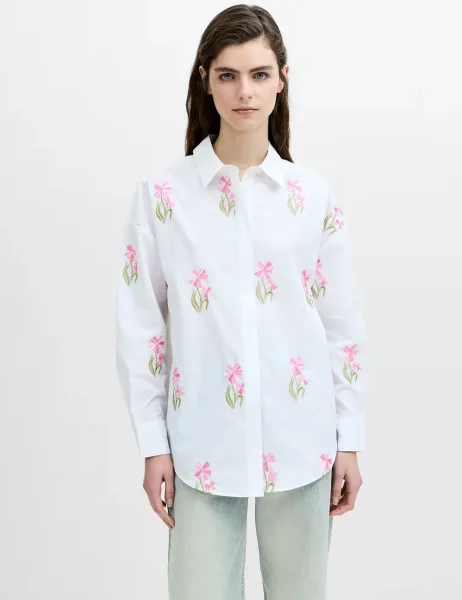 French Connection Pure Cotton Floral Embroidered Shirt White Mix