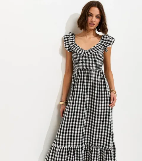 Women's Black Cotton Gingham Ruffled Neck Midi Dress