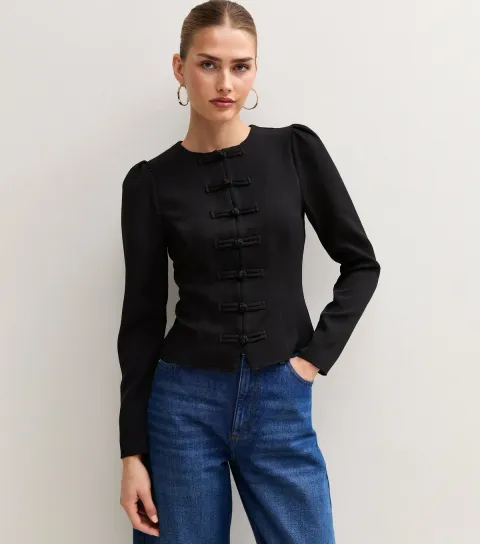 New Look Women's Black Fitted Frog Button Long Sleeve Top