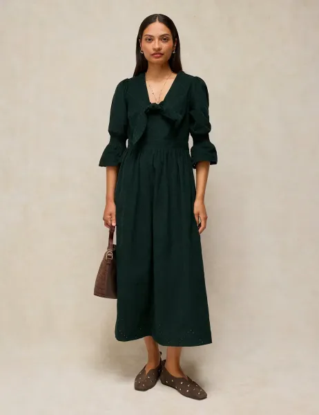 White Stuff Maisie Pure Cotton Patterned Tie Neck Knotted Midi Dress Green