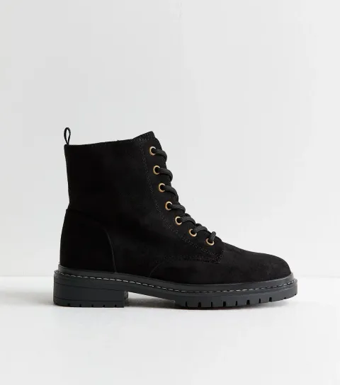 New Look Women's Wide Fit Black Faux Suede Stitch Trim Faux Lace Up Ankle Boots Vegan