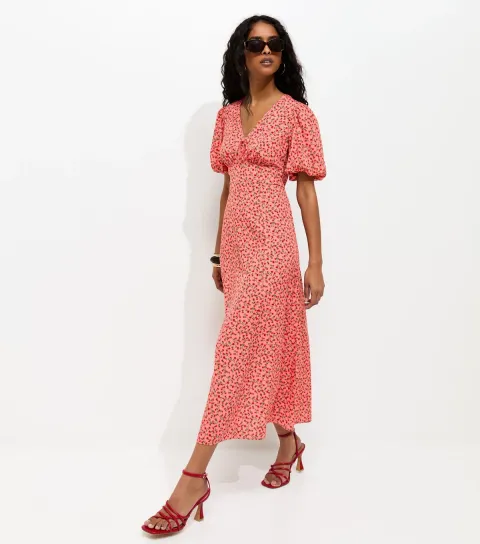 Women's Pink Rose Print Puff Sleeve Midi Dress