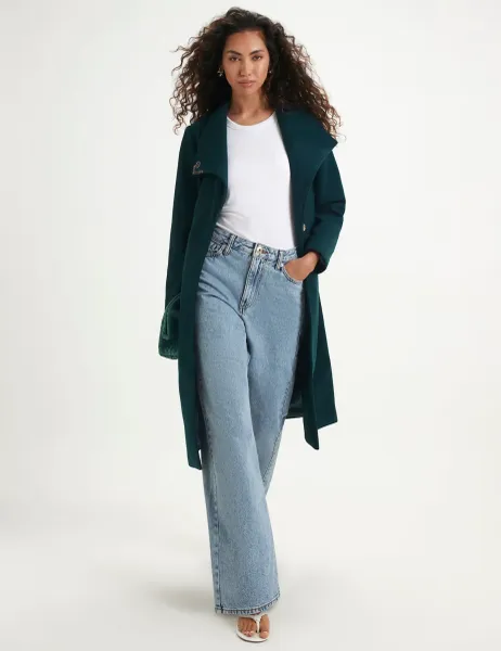 River Island Belted Longline Robe Coat Dark Green